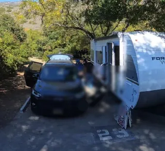 Leo Carrillo site 23, 360 photo: travel trailer with an suv and a car parked close together
