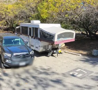 Leo Carrillo site 27, 360 photo: pop-up trailer and a truck parked