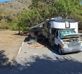 Leo Carrillo site 29, 360 photo: class c motorhome with its hood up, being worked on