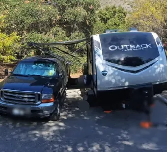 Leo Carrillo site 72, 360 photo: truck and travel trailer parked together