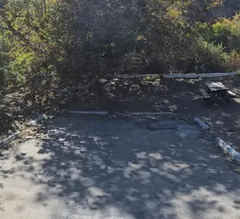 Leo Carrillo site 83, 360 photo: picnic table and dark fire pit set back under the canopy