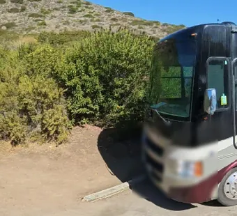 Leo Carrillo site 112, 360 photo: class a motorhome parked, cone set out front