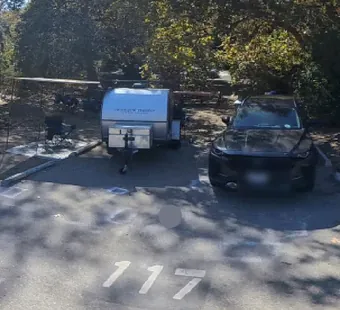 Leo Carrillo site 117, 360 photo: small teardrop-style trailer and a truck parked
