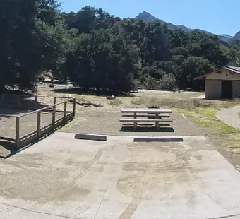 Malibu Creek site 30, 360 photo: flat concrete pad with a fence rail