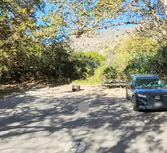 Sycamore Canyon site 49, 360 photo: trees shade the edges, hills straight ahead